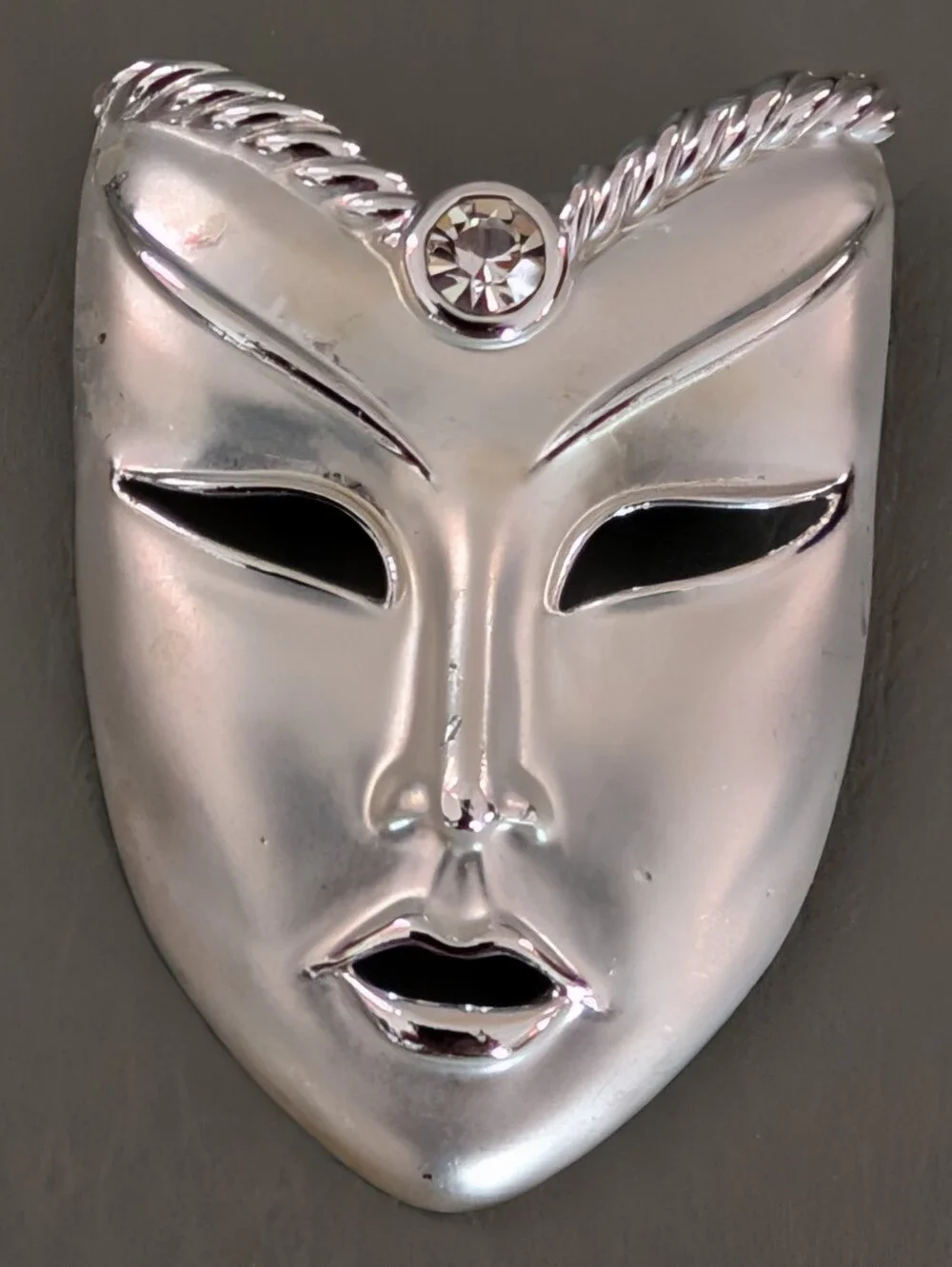 Silver Decorative Theater Mask Brooch with Rhinestone Accent